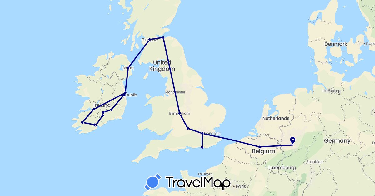 TravelMap itinerary: driving in Belgium, Germany, United Kingdom, Ireland (Europe)